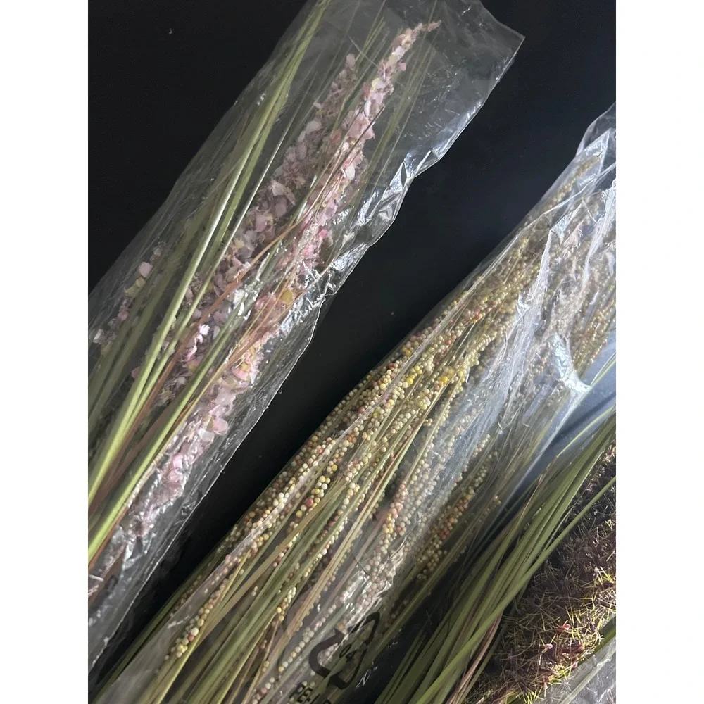 4pc Faux Grass Floral Stems  Pink Green Seeded Feathery Boho Home Decor Bundle